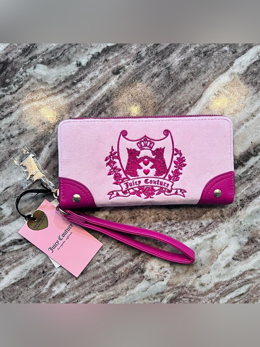 Juicy Couture Pink Suede Logo Wristlet Wallet with Fuchsia Accents NWT